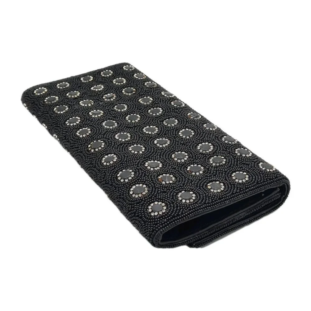 Deepa Gurnani Pattern Handmade Bead/Crystal Evening Bag Clutch Black NEW FLAWS